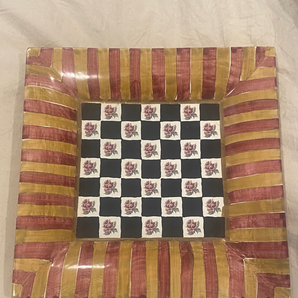 MacKenzie-Childs Checkered Floral Plate with Gold and Brown Stripes